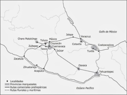 Fig.1 Mapa del marquesado del Valle de Oaxaca, sus catorce villas con los enlaces a los puertos más importantes de la Nueva Españavii.